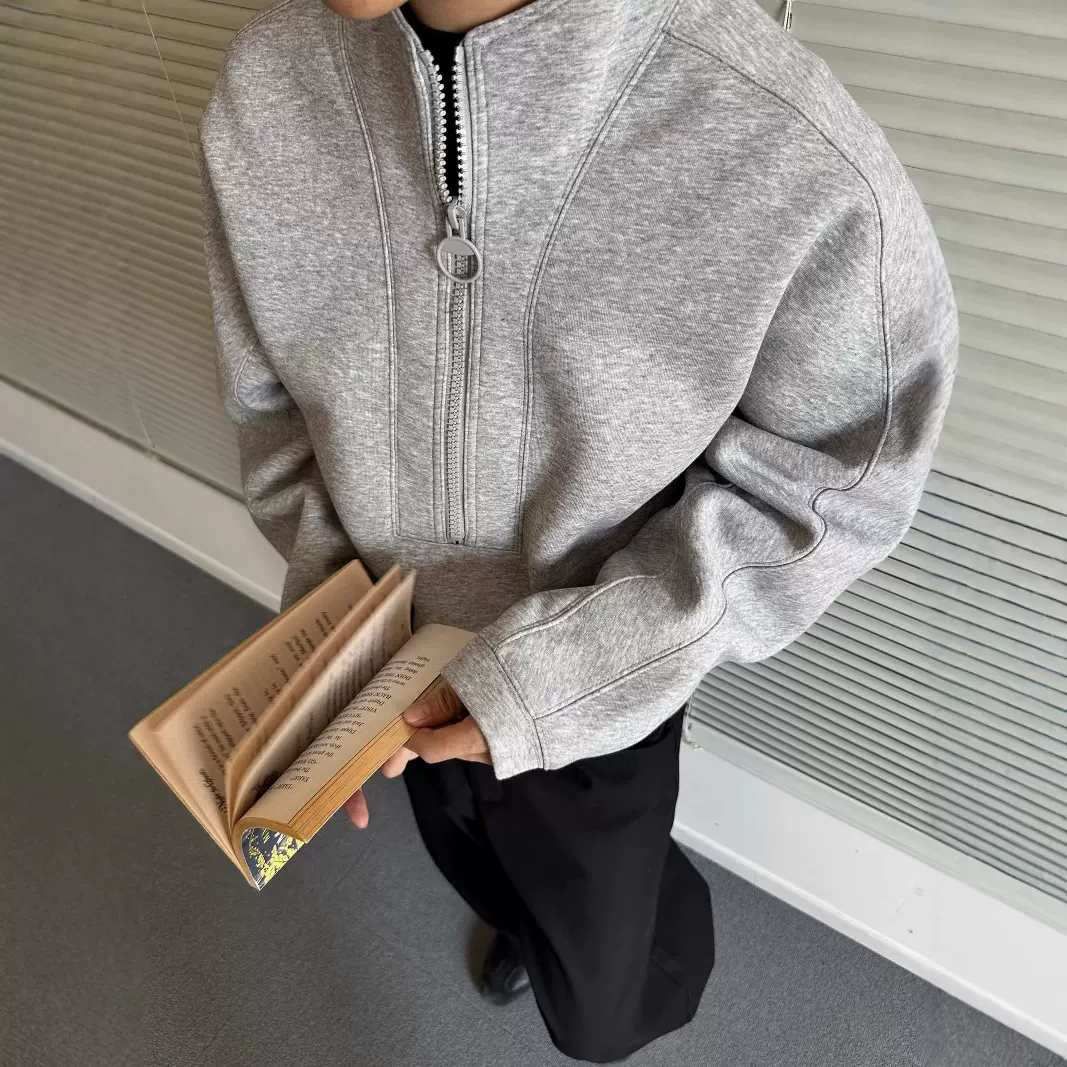 MADEEXTREME 春季男装静奢混纺立领廓形通勤半拉链套头卫衣外套女