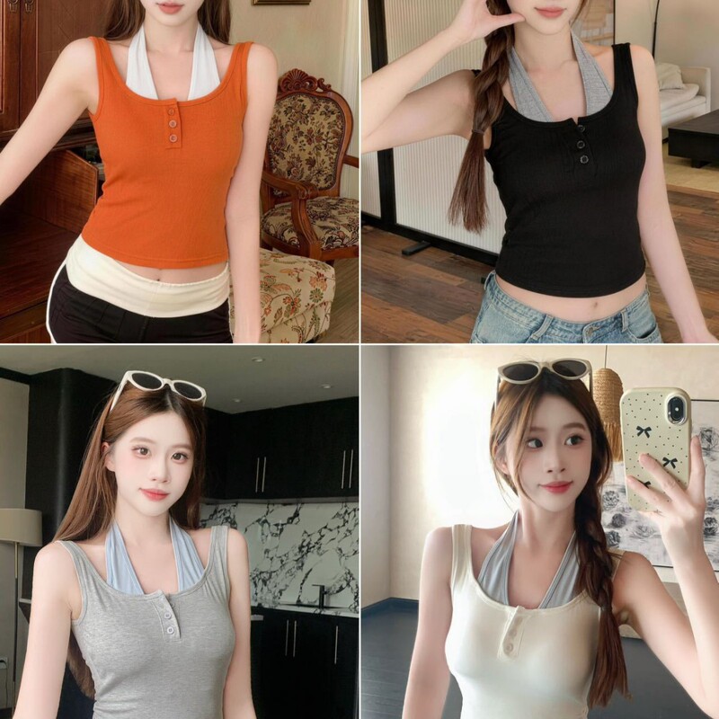 7058 # Hot Girl Style Sexy Halter Neck Short Camisole Top with Buttons and Chest Pads, Sleeveless Top 7058 # Hot Girl Style Sexy Halter Neck Short Camisole Top with Buttons and Chest Pads, Sleeveless Top