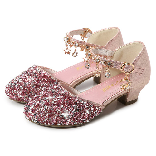 Girls Princess Sandals  Summer New Little Girls High Heels Fashion Hollow Sequin Children's Crystal Leather Shoes