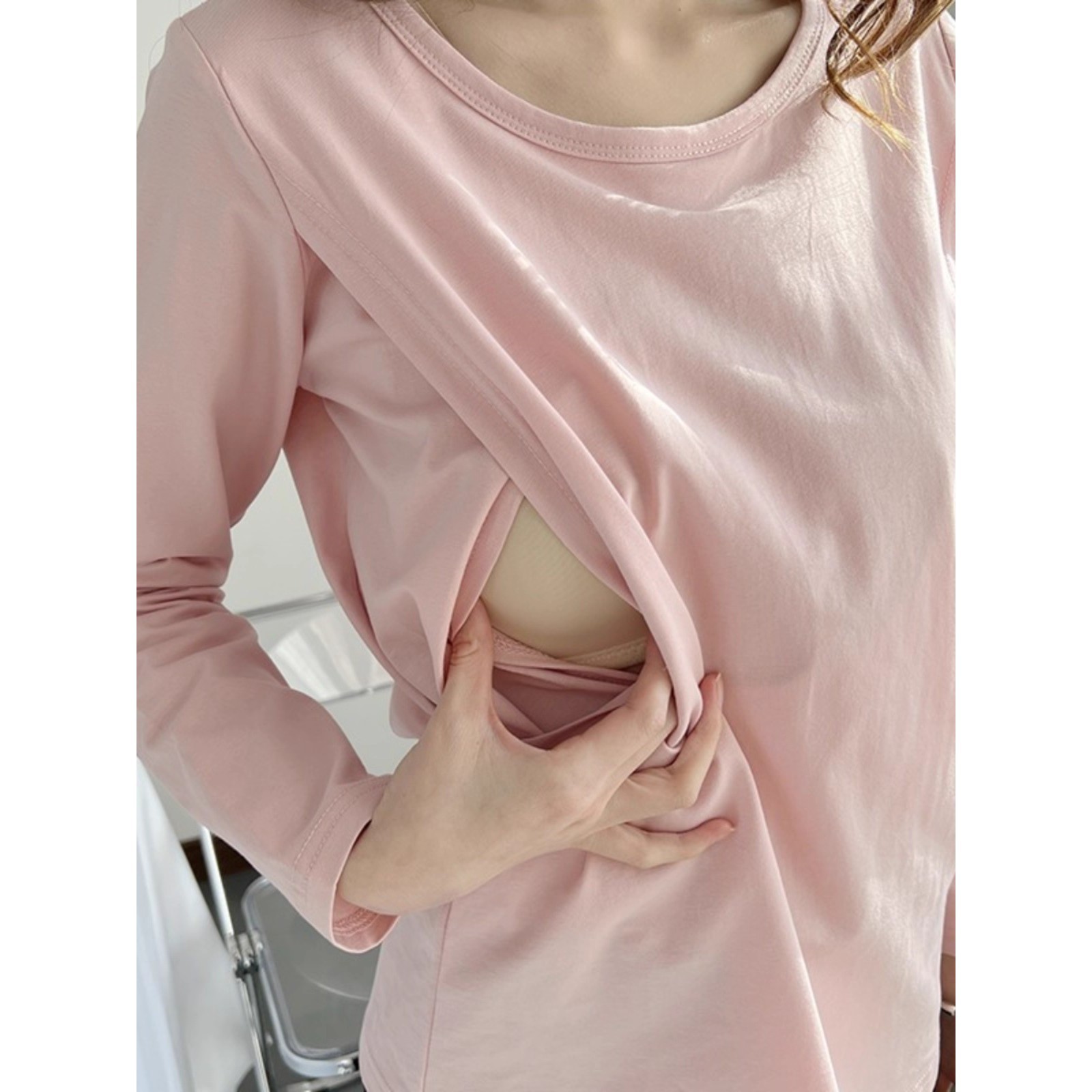 Nursing Base Layer Shirt for Spring and Autumn, Maternity Confinement Home Sleepwear, Autumn Top with Side Opening for Lying down and Breastfeeding