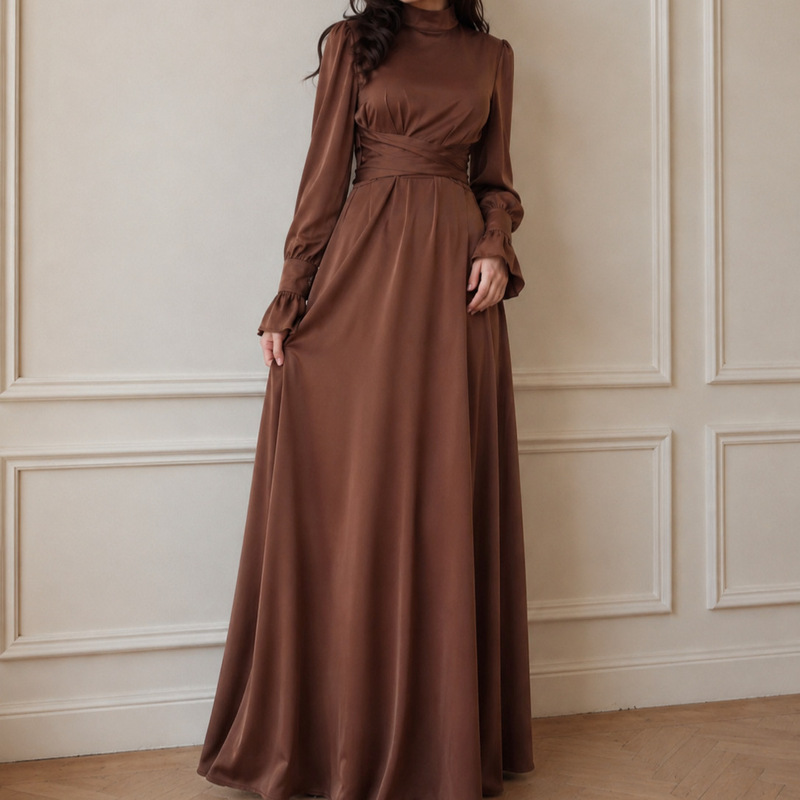 Cross-border foreign trade Turkish elegant and versatile waist-cinching satin long-sleeve dress Cross-border foreign trade Turkish elegant and versatile waist-cinching satin long-sleeve dress