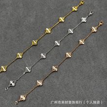 高版本镭射四叶草迷你六花手链精致玫瑰金天然贝母百搭满钻红玉髓