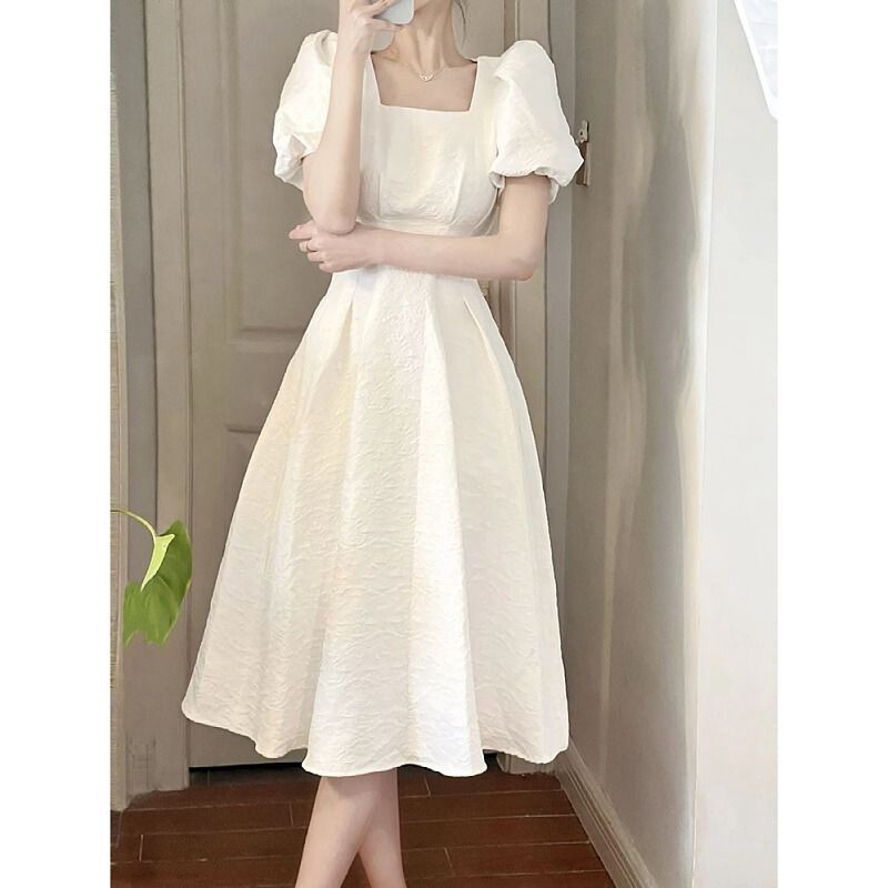 6615 # French First Love White Long Skirt Summer Women's Square Neck Waist Slimming Dress
