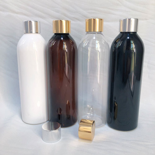 250ml round shoulder ml gold and silver anodized aluminum screw cap PET transparent plastic repackaged solid emulsion empty bottle