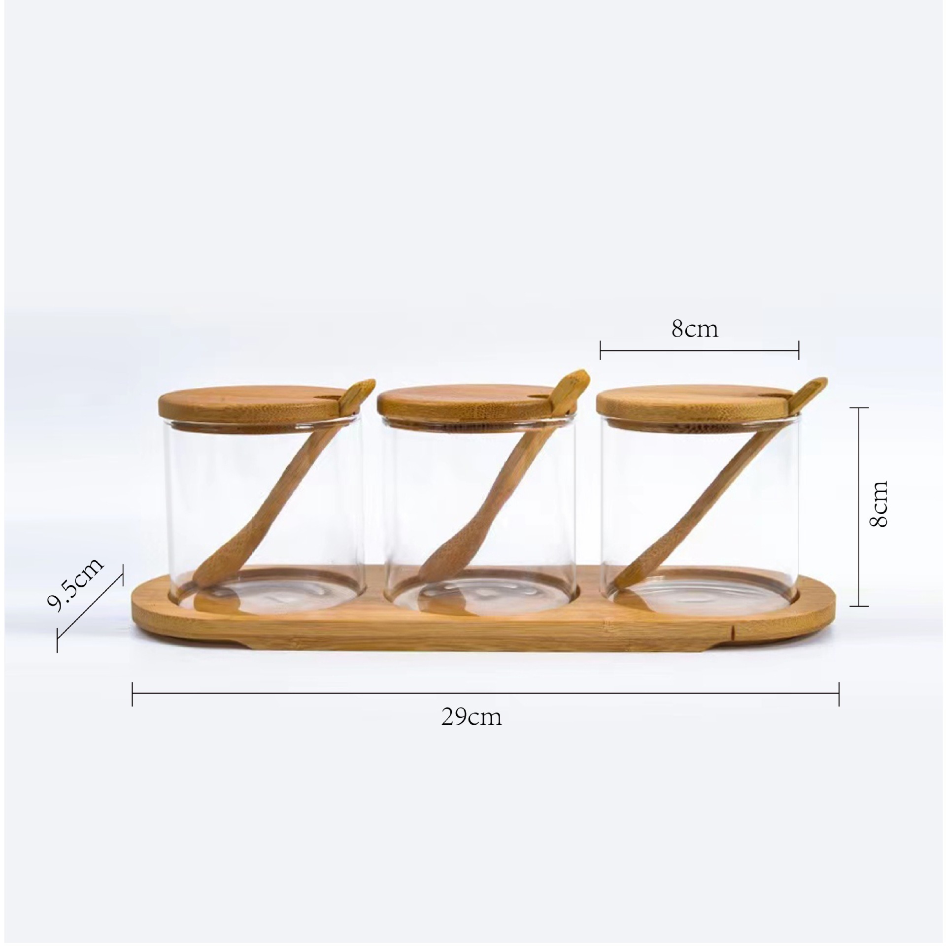 alta borosilicona vidrio condimento lata cubierta de madera de bambú con cuchara condimento lata cocina doméstica almacenamiento condimento lata spot