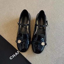 羊皮版~法式新款黑色山茶花乐福玛丽珍鞋女内增高圆头一字带单鞋