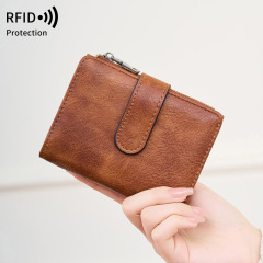 クロスボーダー新型RFID盗難防止ブラシレディース財布マルチカードホルダーシンプル三つ折り革クリップ欧米レトロショート財布