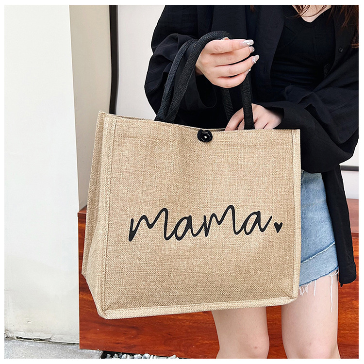 315g Weight Polyester Lining Material Magnetic Buckle Closure Type Women's Vintage Style Letter Cotton And Linen Shopping Bags