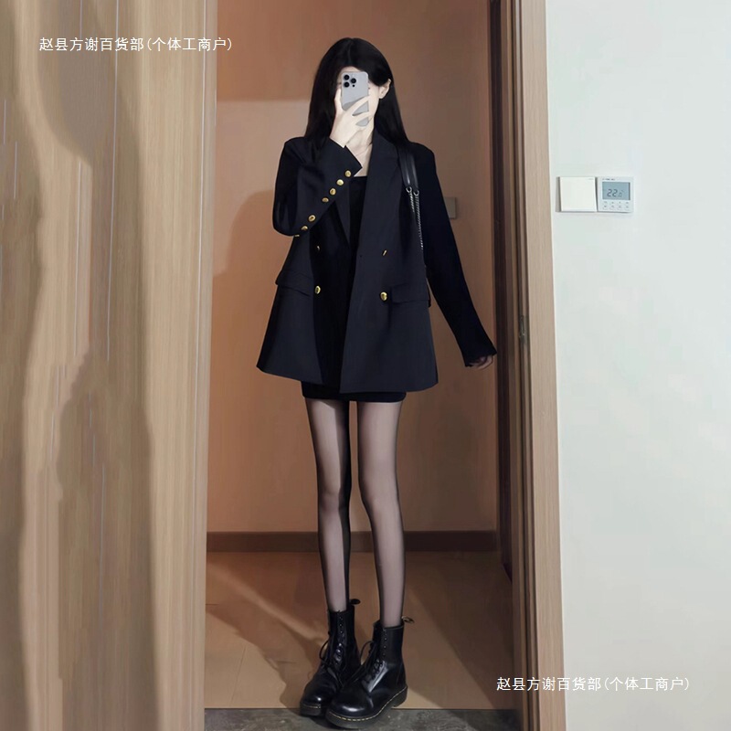 Versatile Loose Suit for Small People, Mid-Length Jacket, Casual Style for Women, Autumn Temperament, Capable Black Suit