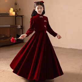 女童连衣裙秋冬新款儿童红色新年服公主裙小女孩生日演出礼服长裙