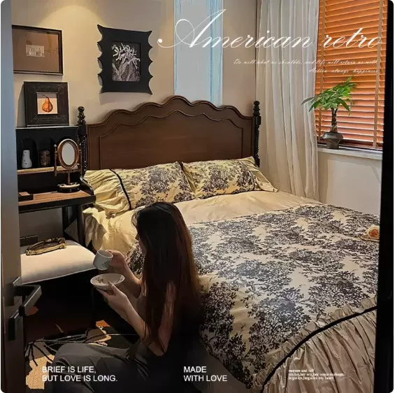 法式复古实木床现代简约主卧1.8m1.5m双人床美式床中古风轻奢家具