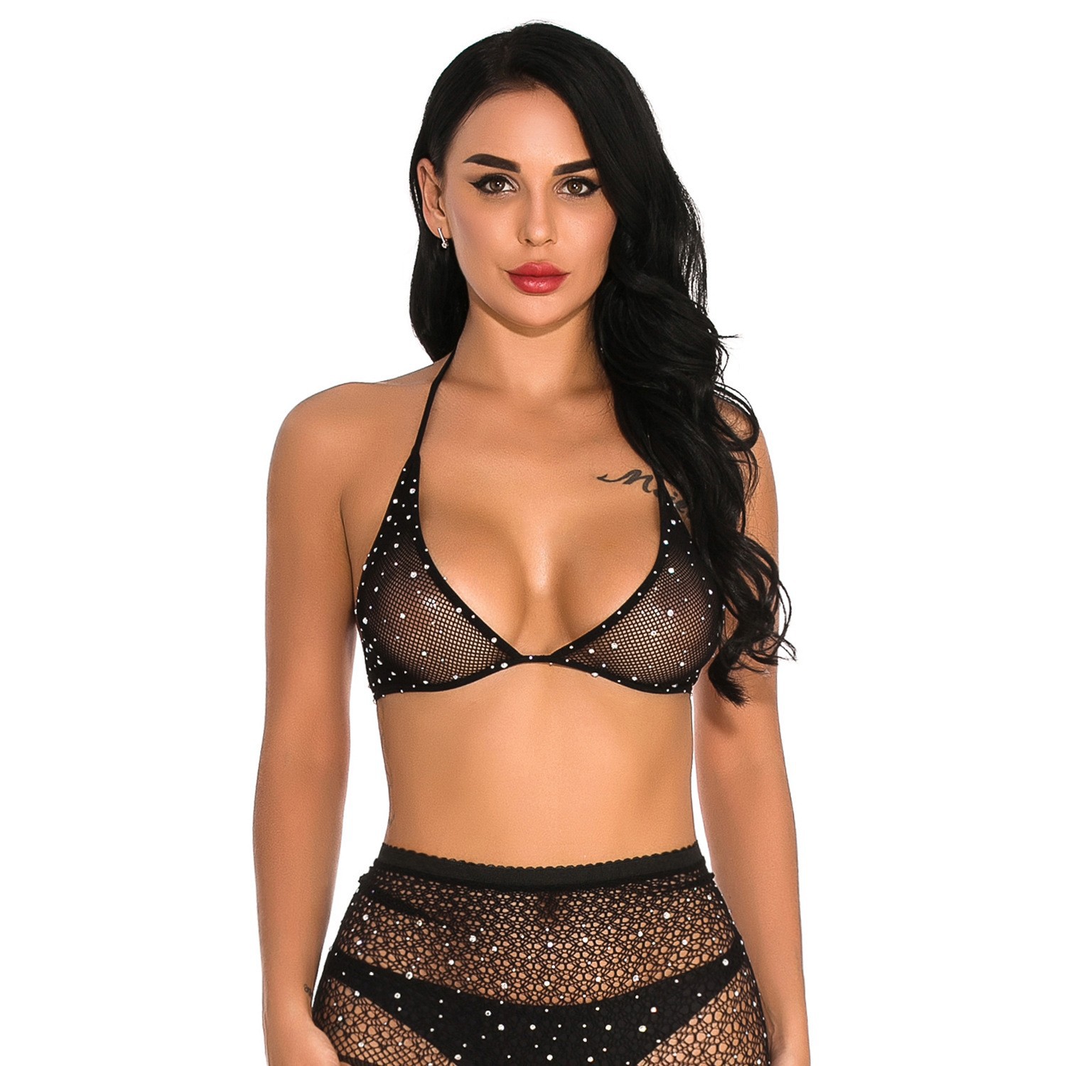 Conjunto de Lencería Body de Malla W48 de Nailon y Spandex con Pedrería para Citas en Pareja