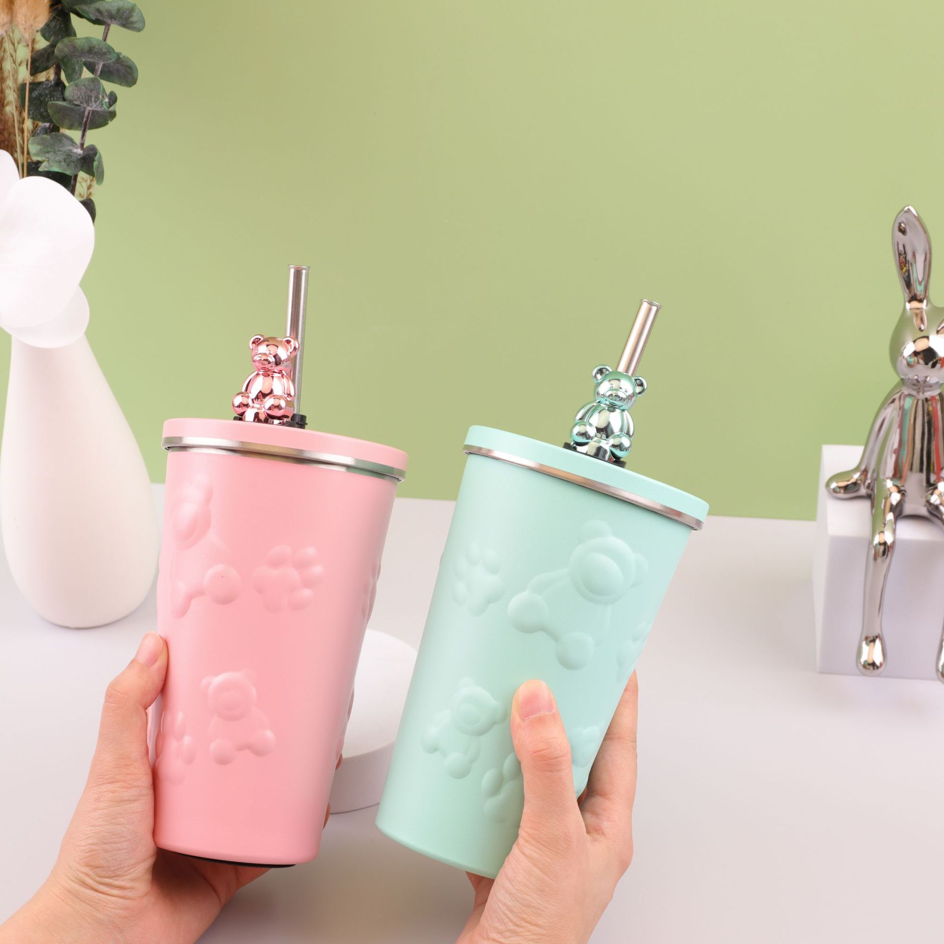 Nuevo oso en línea popularidad 304 taza de paja de acero inoxidable taza de café de alto valor de caricatura de oficina portátil taza de agua doméstica