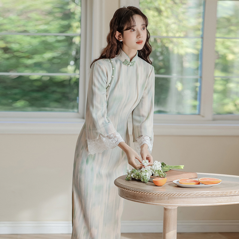 甜美小清新渐变色旗袍女新中式少女连衣裙国风年轻款蕾丝拼接长裙|undefined