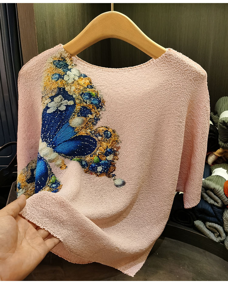 Áo thun nữ cổ tròn tay cánh dơi in hình bướm dáng rộng — Màu xanh lam nhạt, Màu đen chi tiết 19
