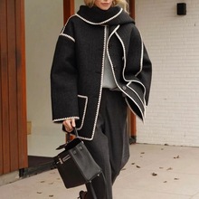 T字扣~北欧设计师 围巾领外套廓形钩花流苏羊毛双面呢短款大衣女