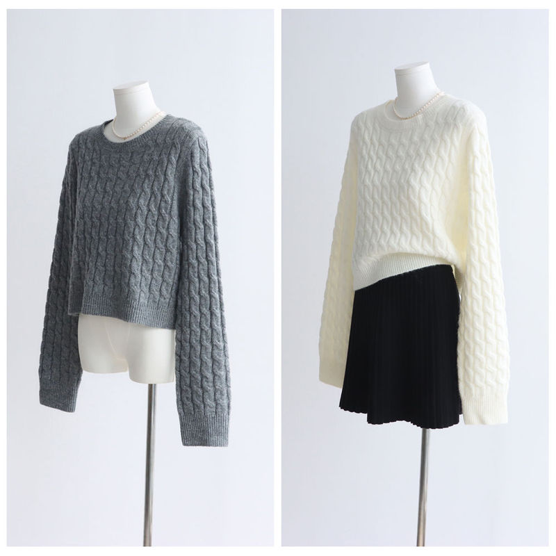 Korean Long-Haired Mohair Retro Cable Knit Sweater, Short Round Neck, Thick Needle Pullover Knitwear, Fashionable and Simple Inner Wear