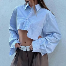 ins博主同款设计感毛边短款衬衫女 2022秋新款美式辣妹口袋式衬衣