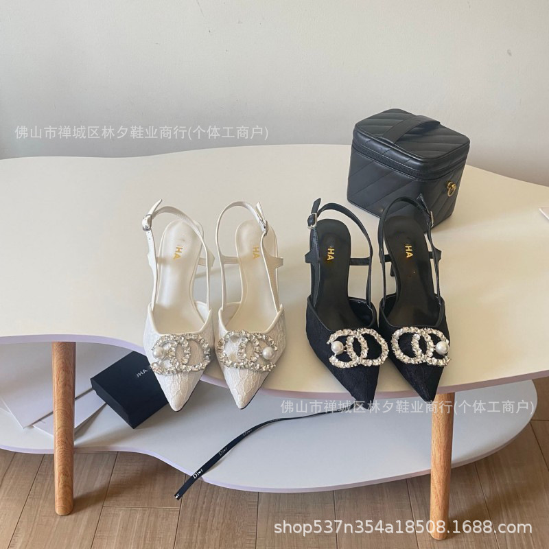 Chanel-style double C rhinestone pearl backless sandals for women, new summer lace pointed toe stiletto heels, party and wedding shoes Chanel-style double C rhinestone pearl backless sandals for women, new summer lace pointed toe stiletto heels, party and wedding shoes