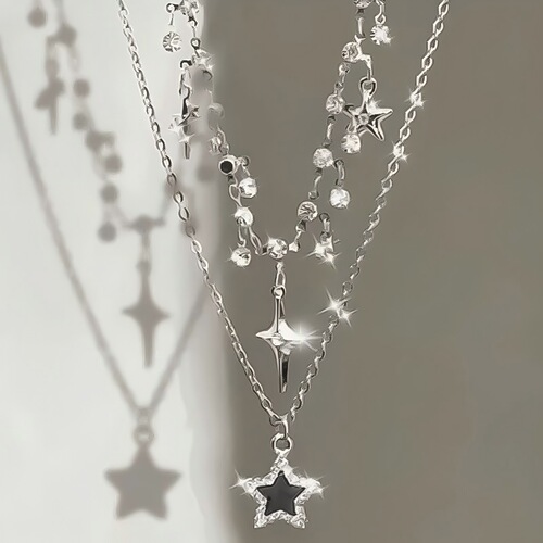 New five-pointed star shimmer fringe necklace set of 2, double-layer stackable windproof minimalist Insta luxury temperament necklace