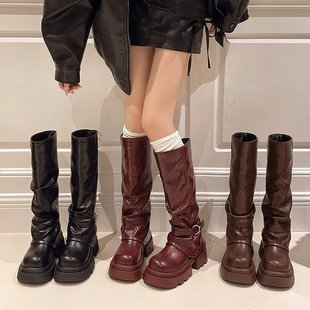 Thick-soled high-rise knight boots women's 2024 autumn and winter new brown but knee-length boots British-style sleeve trouser boots
