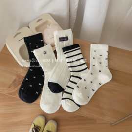 秋冬新款堆堆袜女中筒棉质条纹蝴蝶结ins风韩系百搭