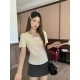 2025 summer new chubby girl plus size women's stitching color contrast slim shoulder short sleeve T-shirt