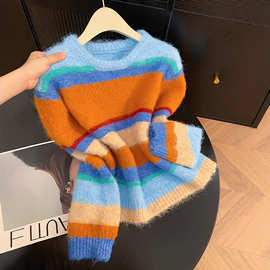 实拍2025彩色条纹圆领毛衣女毛茸茸软糯减龄加厚针织衫上衣代发