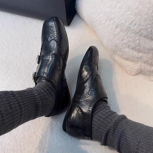 Sheepskin Version ~ Flat Comfortable Loafers Women's Vintage Carved Belt Buckle Square Toe Single-layer Shoes Genuine Leather Joker Small Leather Shoes