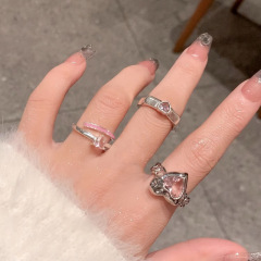 愛心粉鑽氣質小眾設計甜酷戒指女輕奢潮小眾戒指開口食指尾戒指環