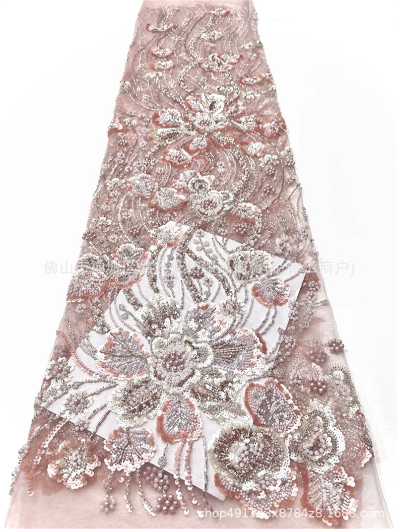 Flores tela de malla de cuentas de clavos de fabricación pesada sequinilla perla bordada cola de pescado cena brindis vestido de boda tela