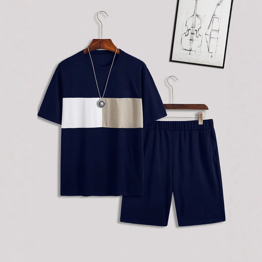 Traje de hombre con estampado digital 3D a rayas en contraste, camiseta, traje deportivo para hombre, cuello redondo, pantalones cortos con cordón de manga corta