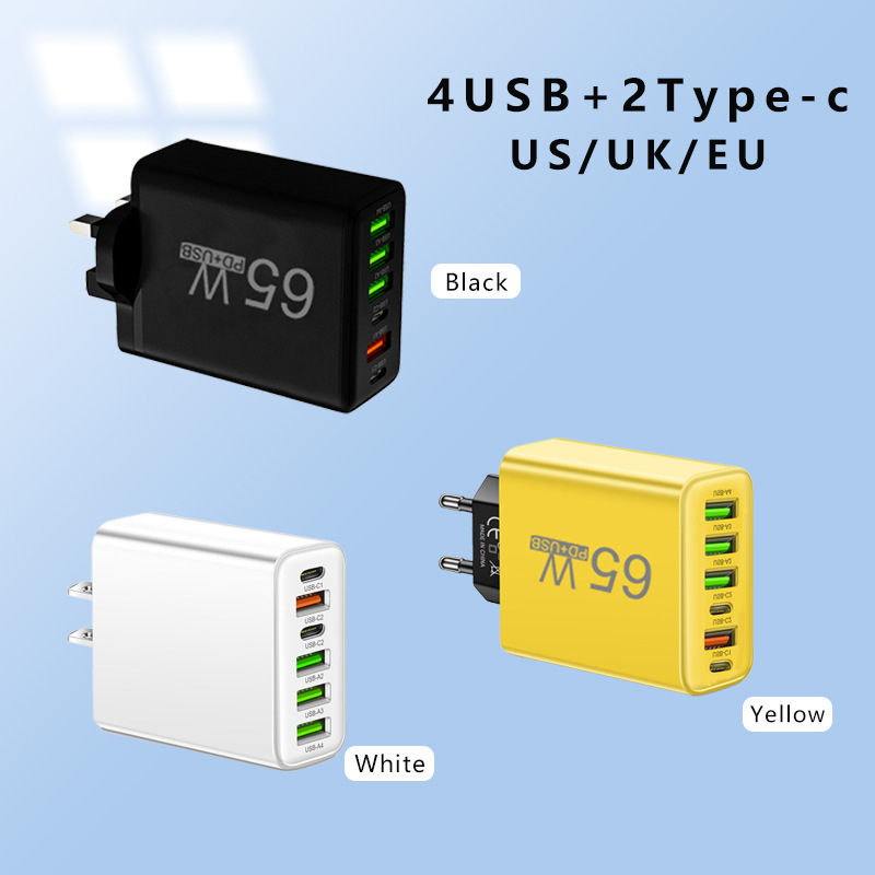 Pd65W Charging Head Is Suitable for Samsung and Huawei Universal Smartphones 2Type-C+4Usb Multi-Port Charger