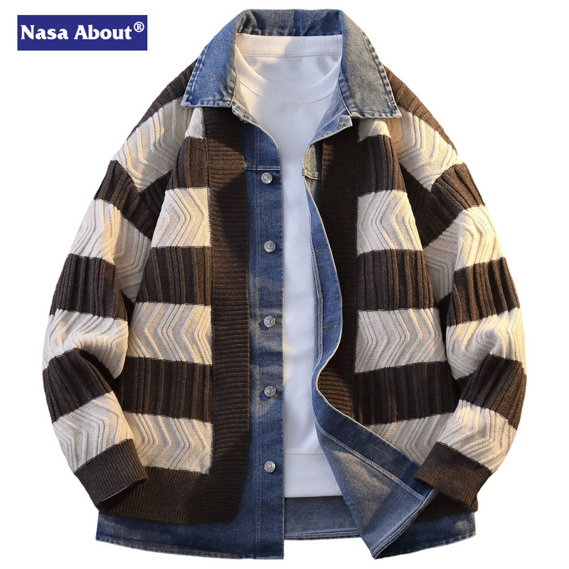Nasa Retro American Patchwork Denim Cardigan Knitwear Men's Spring Autumn Winter Stripesd Knitwear Loose Casual Jacket