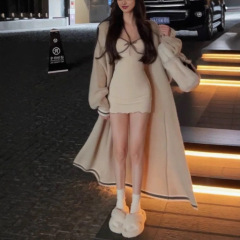 连帽拼色长款毛衣开衫外套女秋季长袖慵懒风宽松上衣