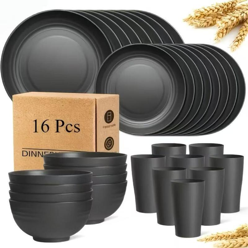 Cross-border best-selling wheat straw tableware set, 16-piece household black plastic cup, bowl, plate, and dish set wholesale Cross-border best-selling wheat straw tableware set, 16-piece household black plastic cup, bowl, plate, and dish set wholesale