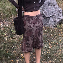 Printed contrast mesh low-waist over-the-knee midi skirt跨境