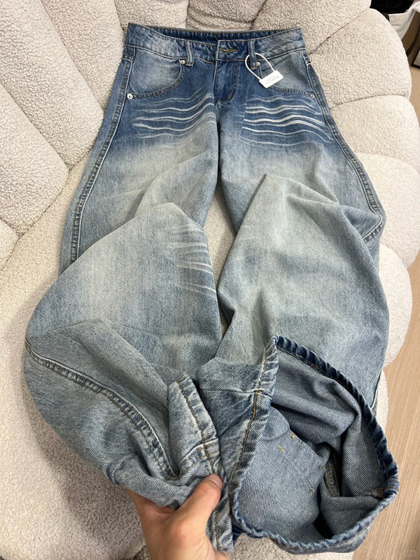 大码美式复古水洗设计感牛仔裤女秋季新款胖mm宽松显瘦阔腿长裤子|undefined