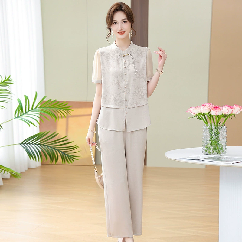 Мама среднего возраста весенняя и осенняя повседневная одежда осенний 2025 новый средний и пожилой женский весенний и осенний досуг набор из двух частей с принтом