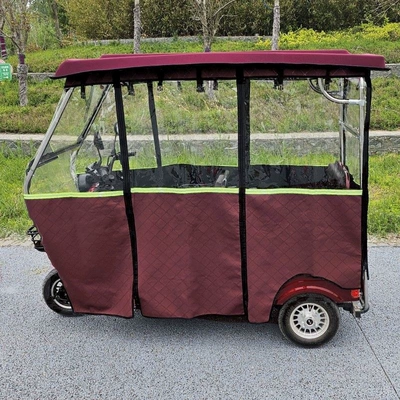 steel tricycle canopy, electric tricycle | Elektromobil üçün ön şüşə çətiri (günlük) - stainless-steel-bracket-maroon-composite-top-red-leather-lined-rain-curtain-16070