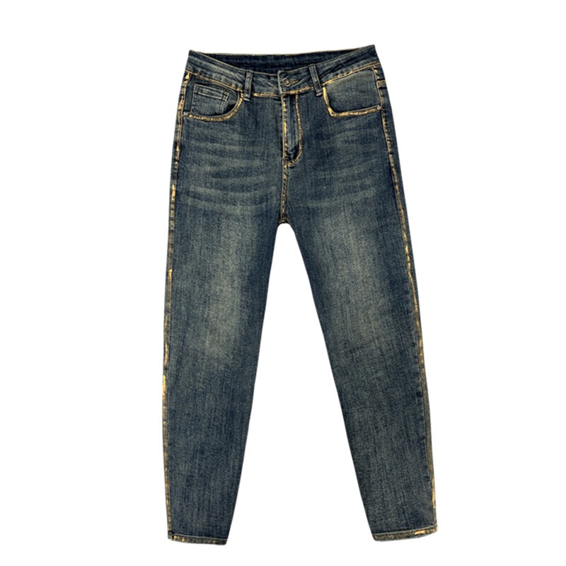 European and American high street trend different color trim design small feet jeans men's new fashion close-fitting slimming stretch nine points European and American high street trend different color trim design small feet jeans men's new fashion close-fitting slimming stretch nine points
