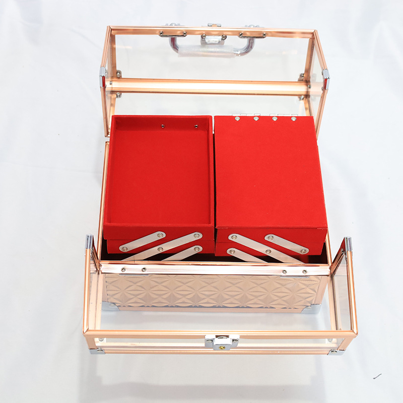 Estuche de cosméticos Estuche de almacenamiento de aleación de aluminio portátil de gran capacidad con espejo Estuche de herramientas pequeño portátil multicapa con maquillador profesional