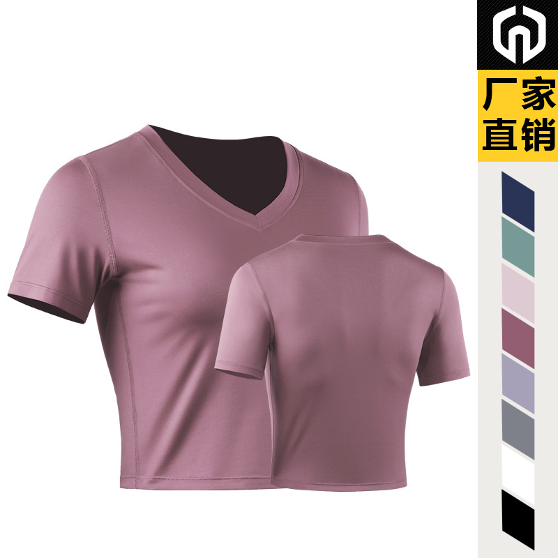 Ropa de entrenamiento de yoga traje deportivo Camiseta ajustada de manga corta para mujer Top casual con cuello en V Camiseta de manga corta ombligo expuesto