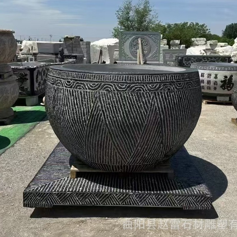 石雕条纹圆缸 青石水缸庭院养鱼池水槽仿古销售圆形石缸装饰摆件