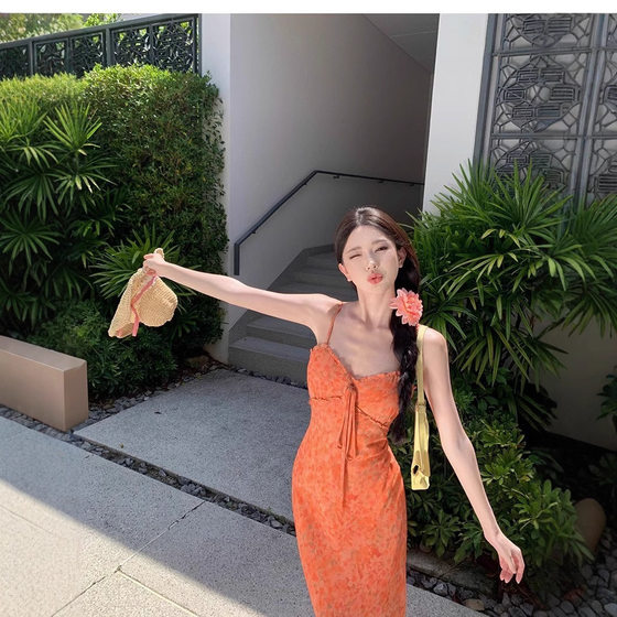 French Style Seaside Vacation Floral Sling dress Children's Summer 2025 New Style Small Waist Elegant Long Dress