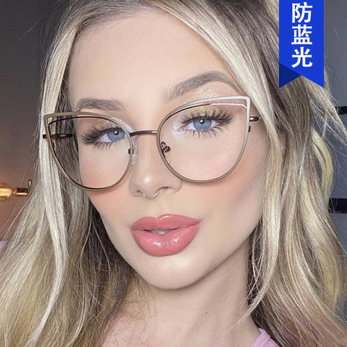 Cross-border hollow cat-eye flat mirror anti-blue light  new style glasses frame for women's personality can be equipped with myopia glasses frame