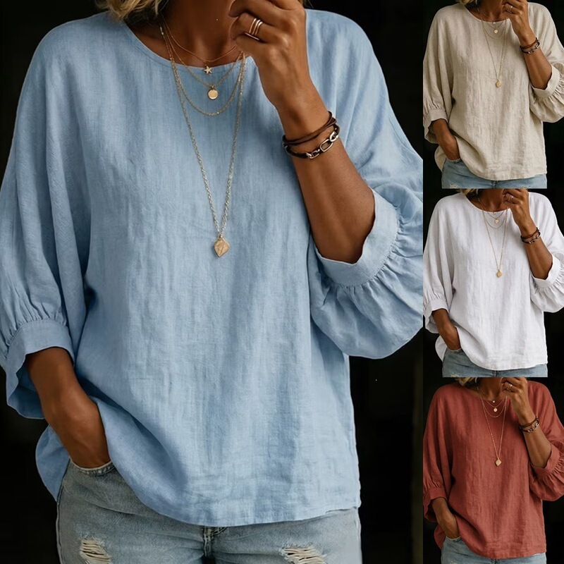 European and American Cross-Border Amazon Women's Clothing 2026 New Casual Nine-Quarter Sleeve Shirt Loose Round Neck Cotton and Linen Top Black European and American Cross-Border Amazon Women's Clothing 2026 New Casual Nine-Quarter Sleeve Shirt Loose Round Neck Cotton and Linen Top Black