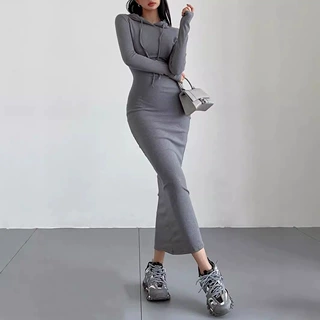 秋冬季女ins性感辣妹休闲包臀过膝连衣裙女连帽长袖打底长裙跨境