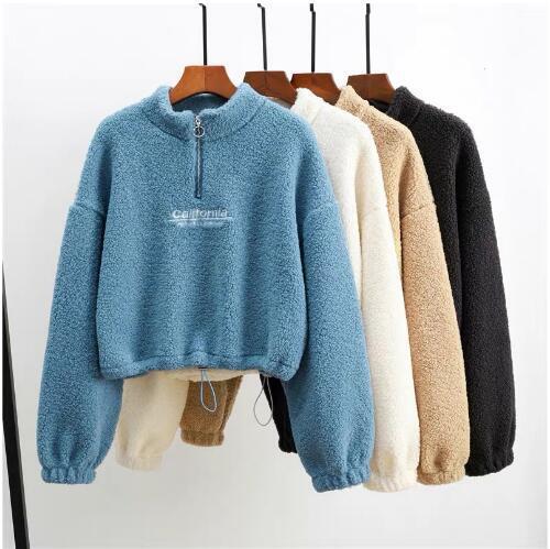 Half-High Collar Zip-Up Short Long-Sleeve Jacket for Women, Autumn and Winter Loose Letter Embroidery Lamb Wool Top, Fleece-Lined and Thickened