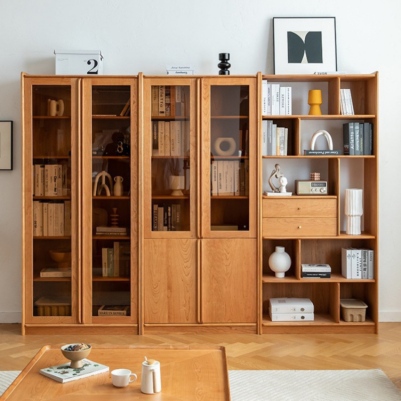 Nordic Solid Wood Bookcase Home Small Apartment Floor-To-Ceiling Glass Display Cabinet Study Storage Storage Bookshelf Combination